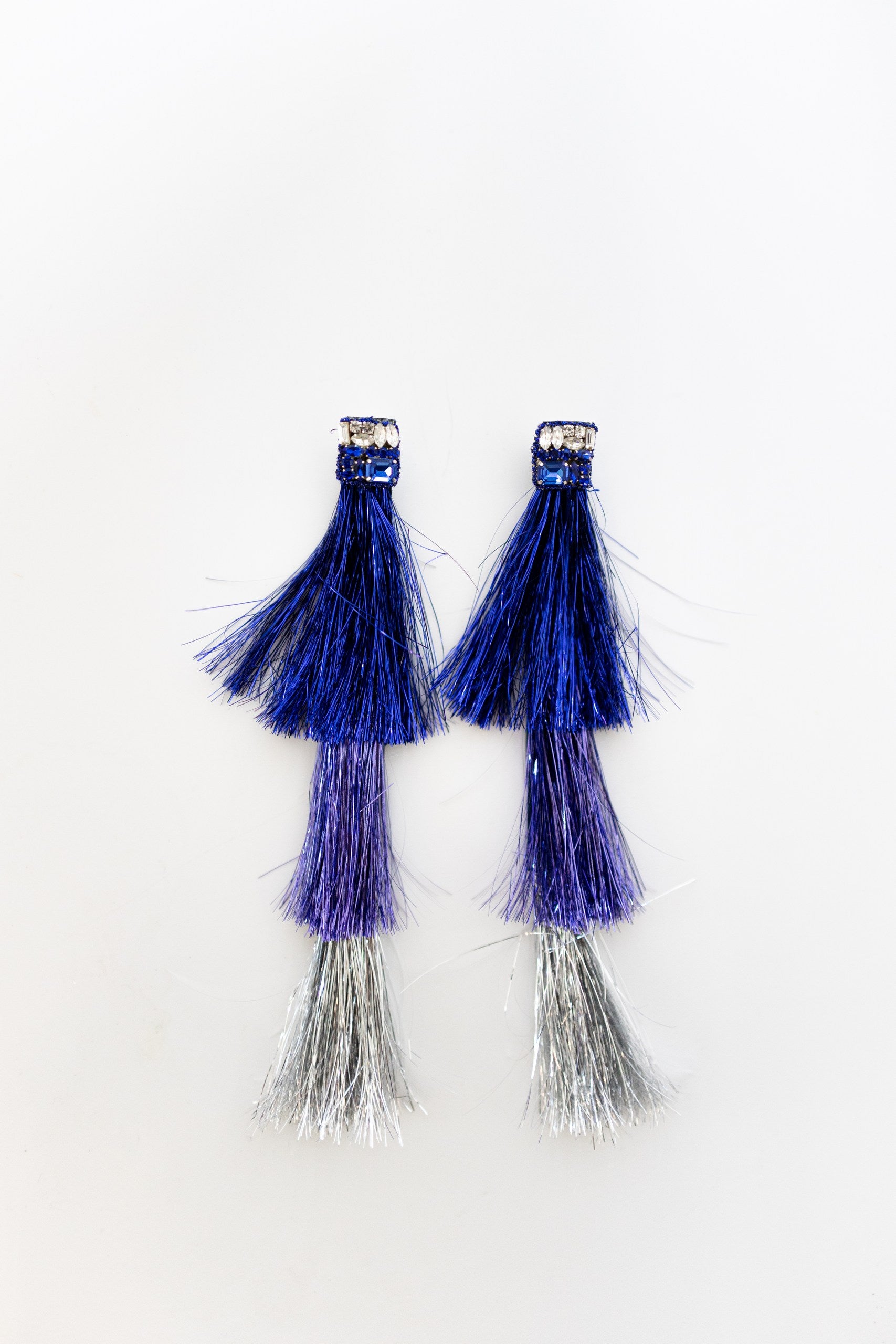 Cascade Tassel Statement Earrings in Blue, Purple and Silver