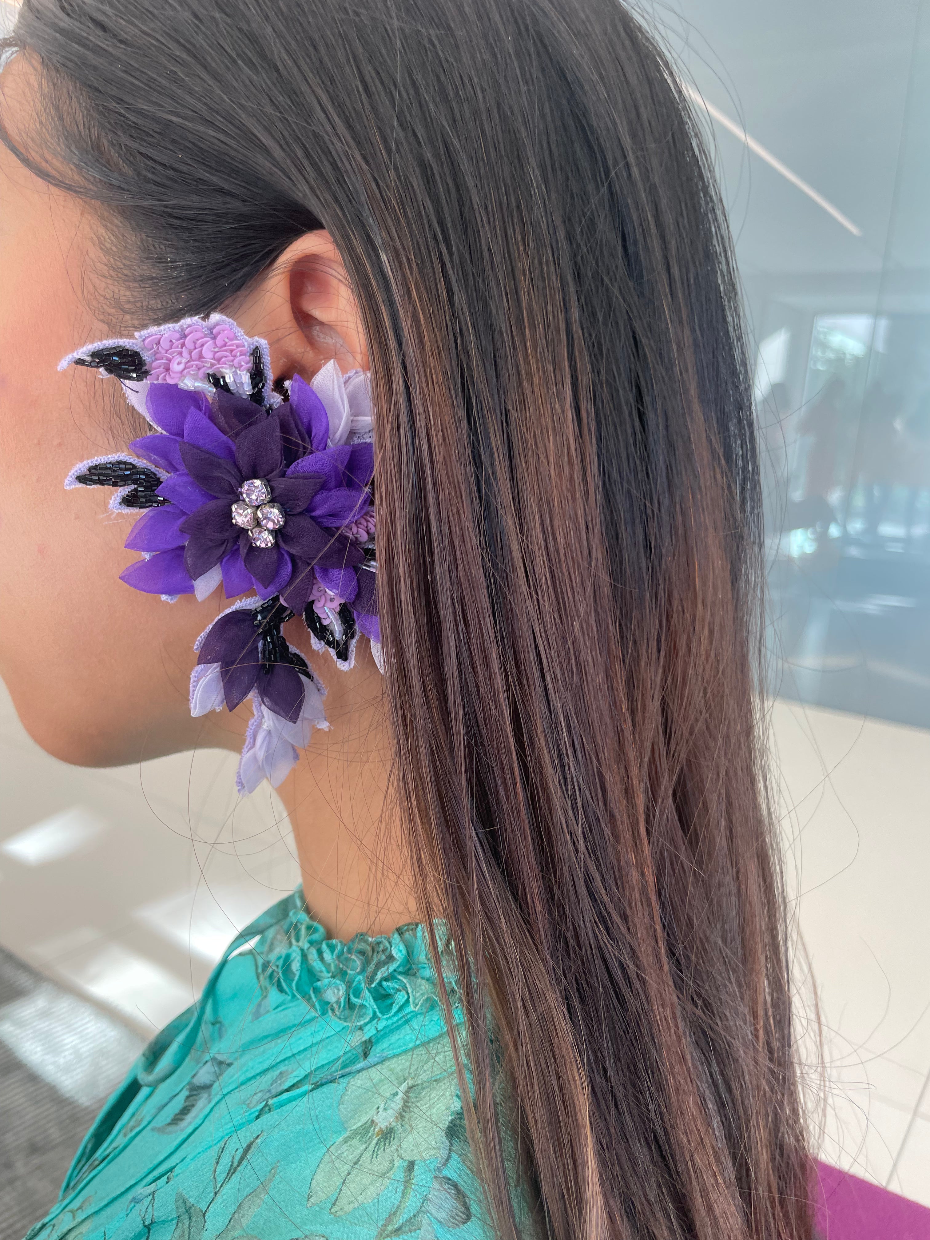 Garden Party Purple or Blue Hand Embroidered Statement Earrings