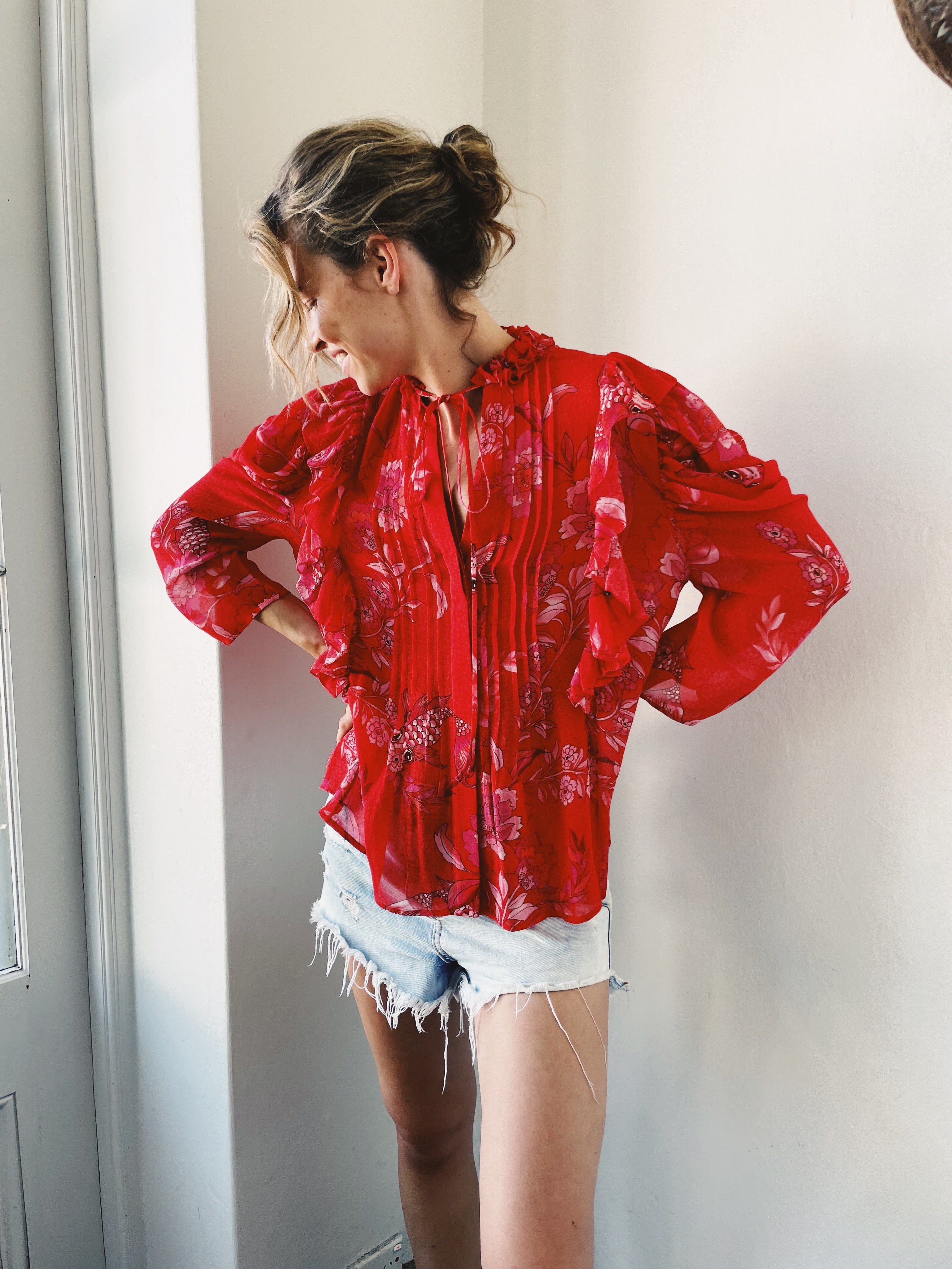 Raffles Red and Fuchsia Koi Fish Blouse