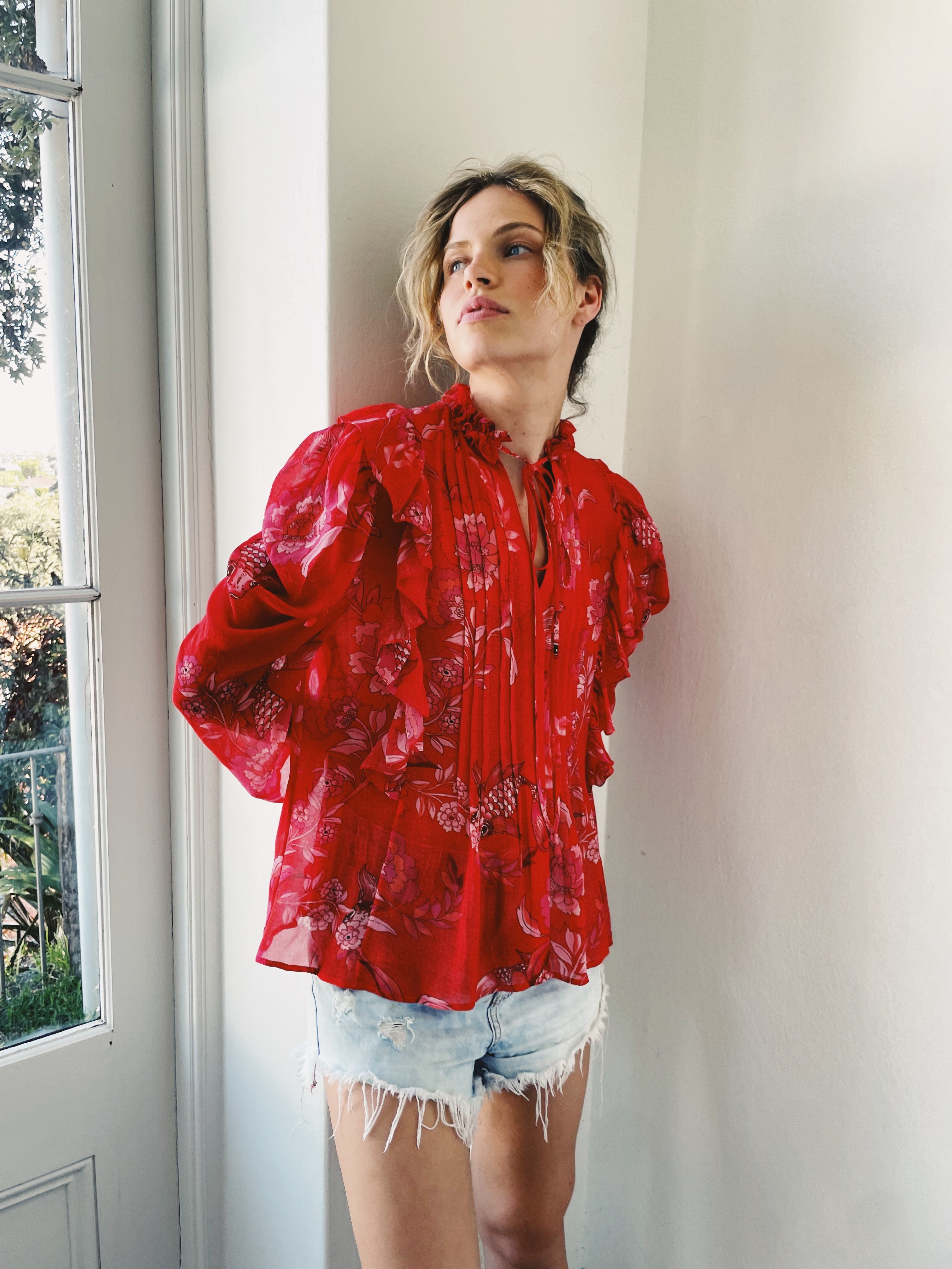 Raffles Red and Fuchsia Koi Fish Blouse