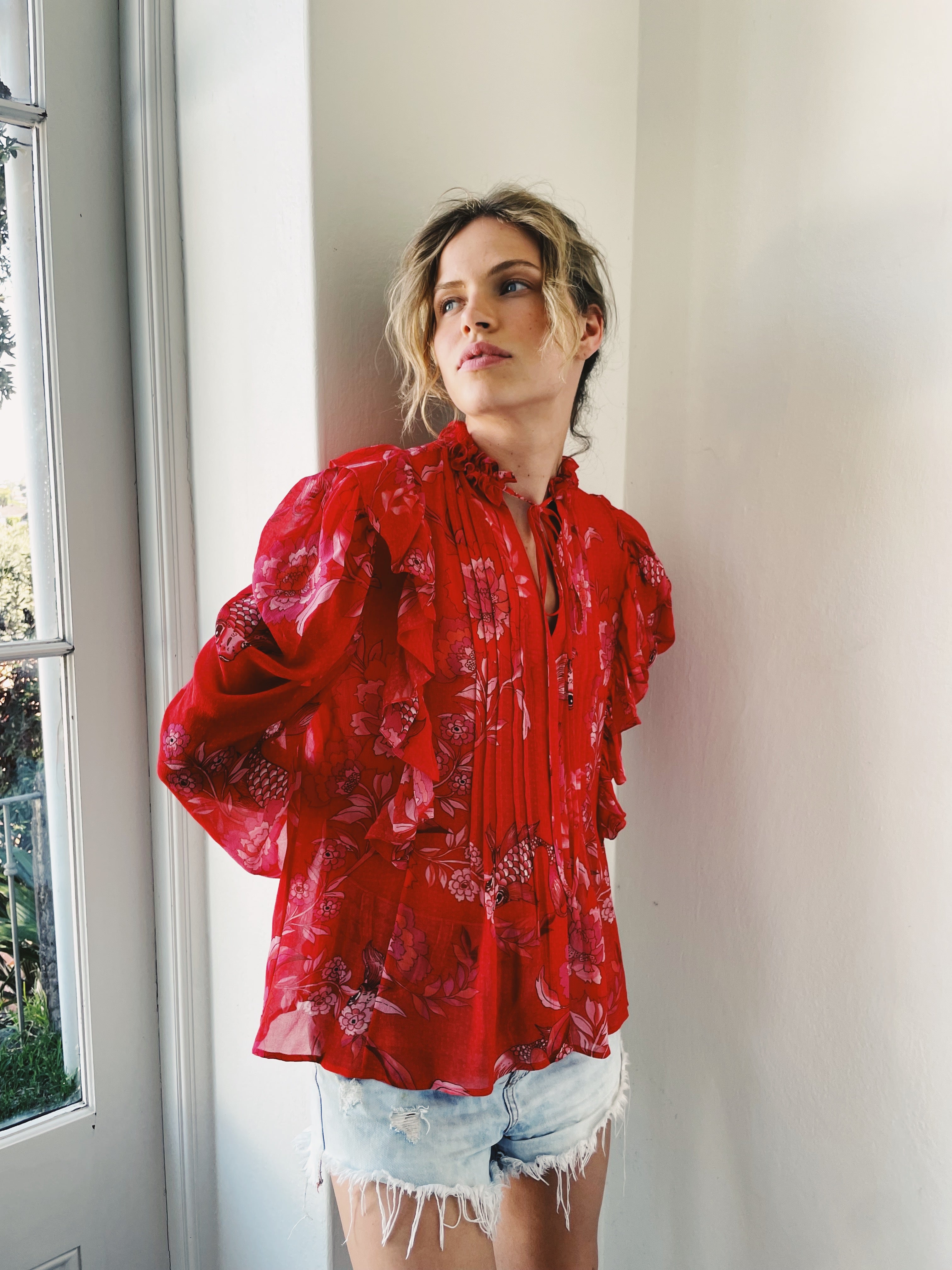 Raffles Red and Fuchsia Koi Fish Blouse