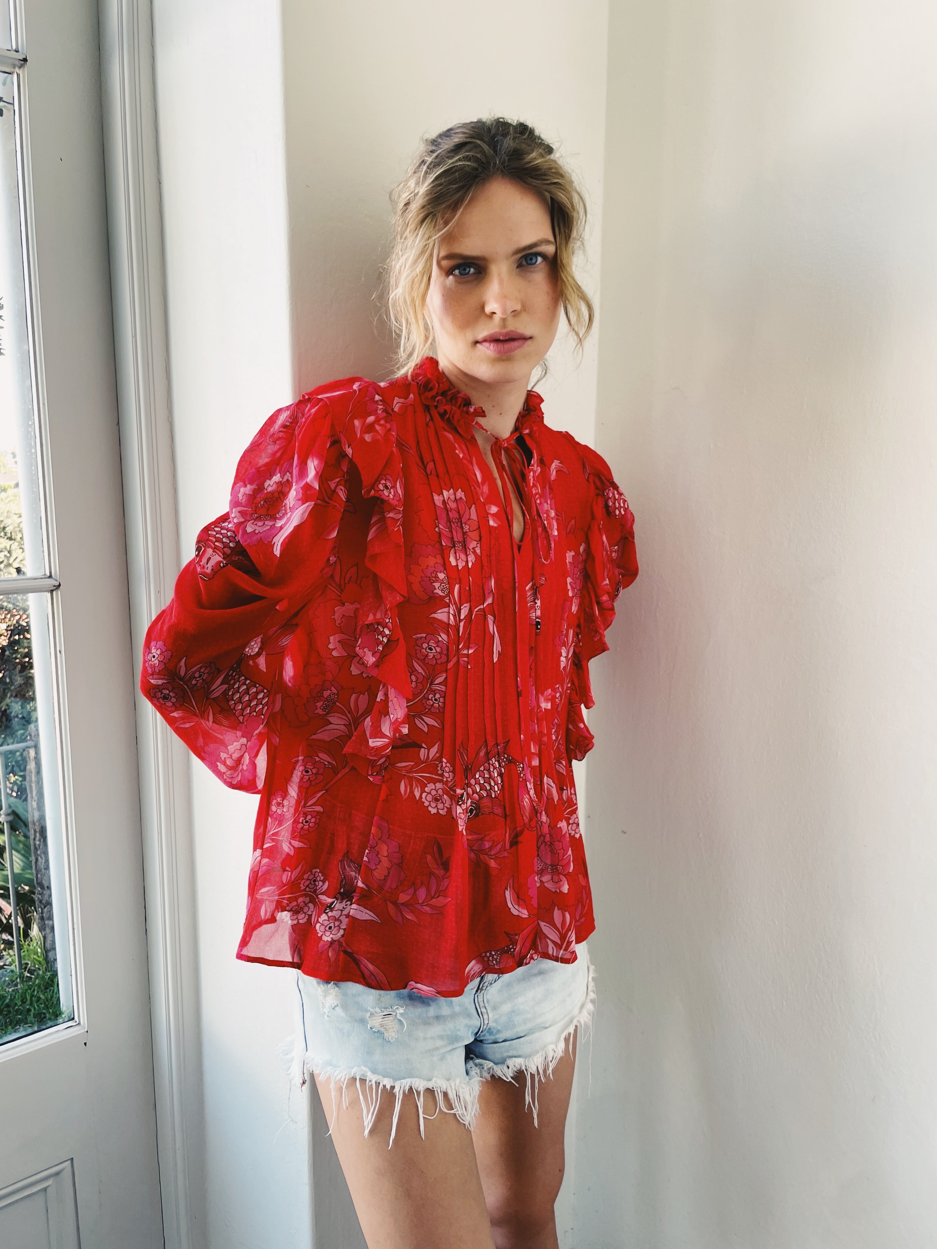 Raffles Red and Fuchsia Koi Fish Blouse