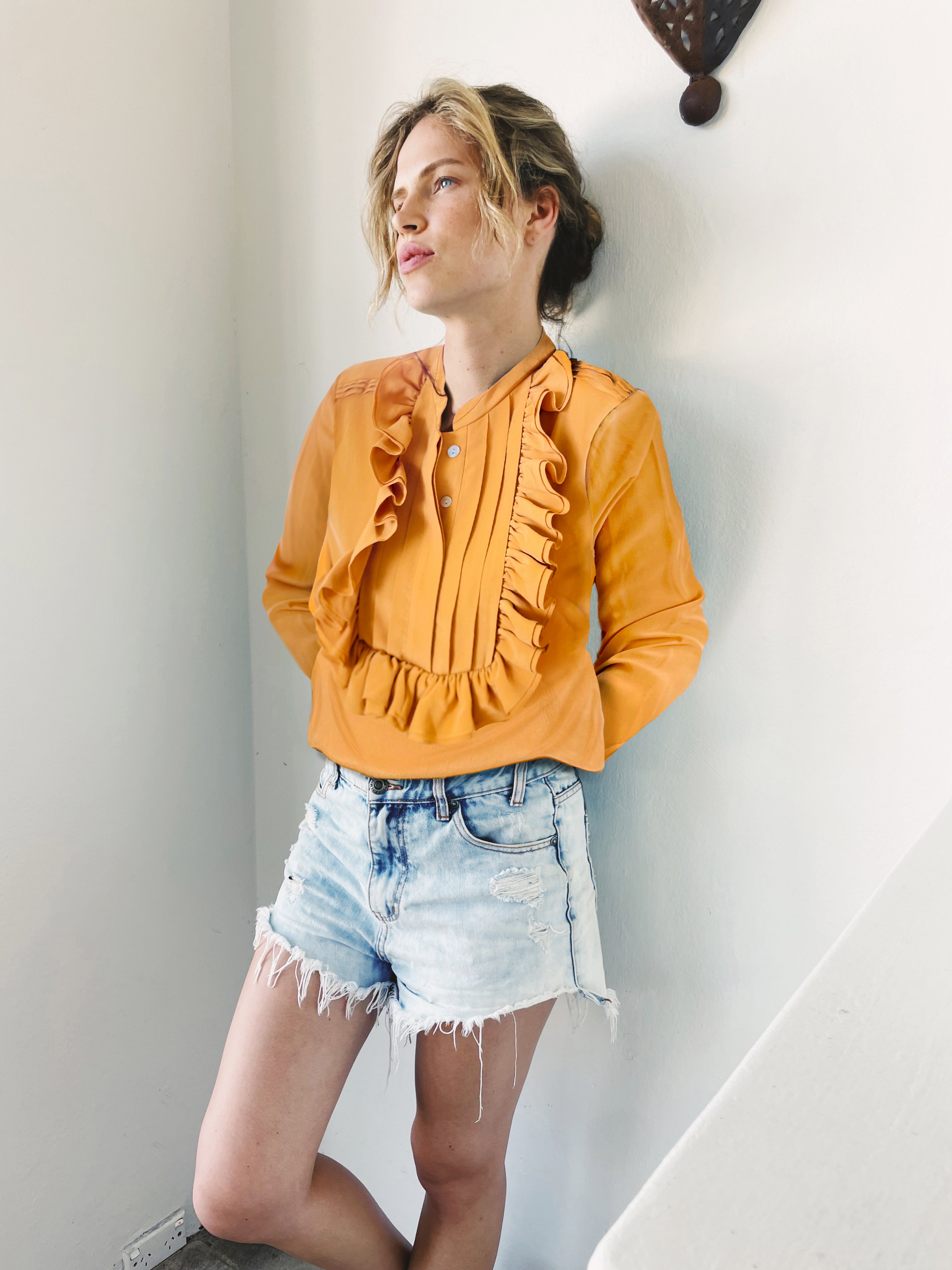 Amber Sand Silk Ruffle Blouse