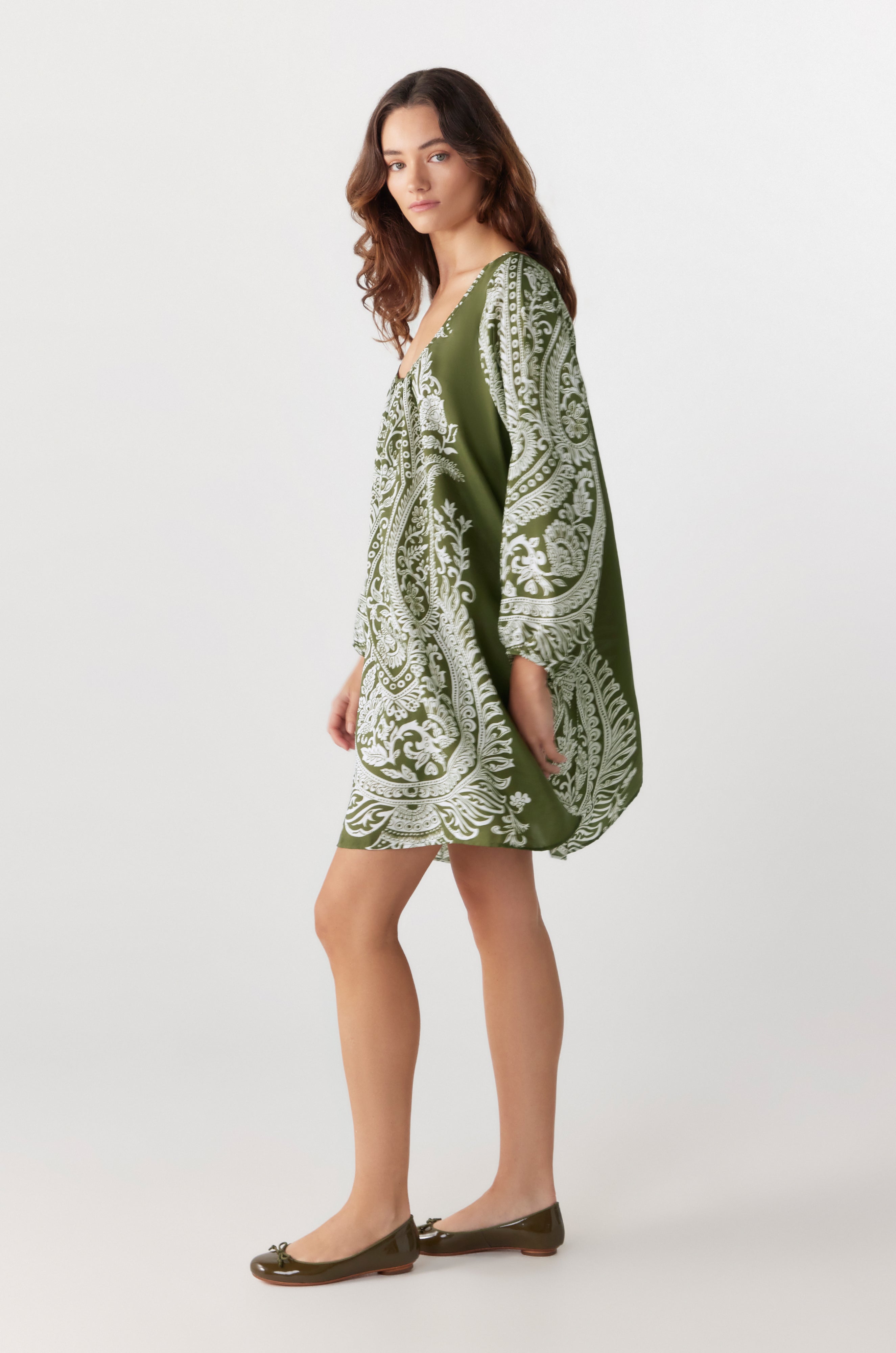 BY Anu Scoop neck Paisley Silk dress khaki