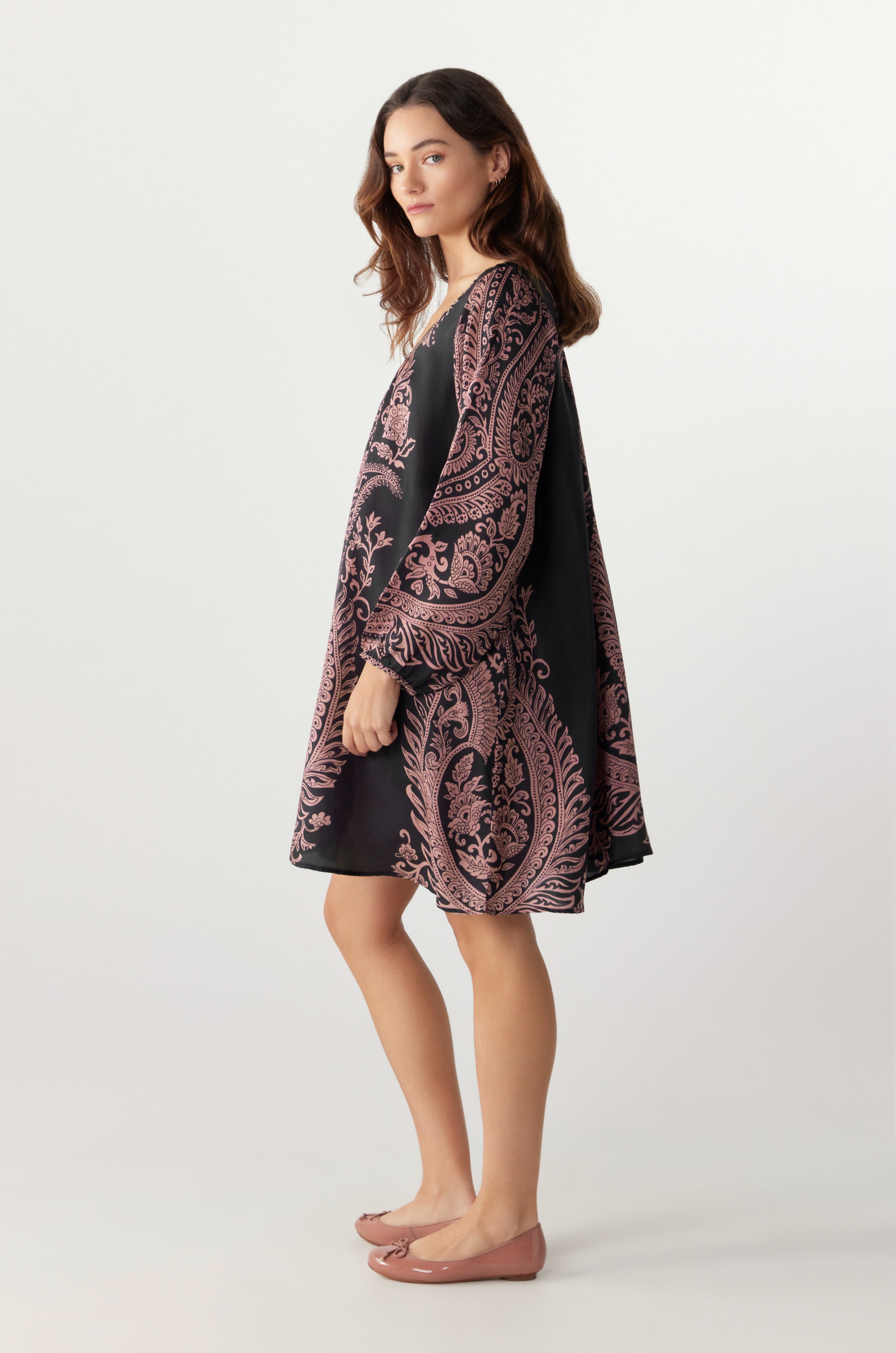 BY Anu Scoop neck Paisley Silk dress Charcoal with pink