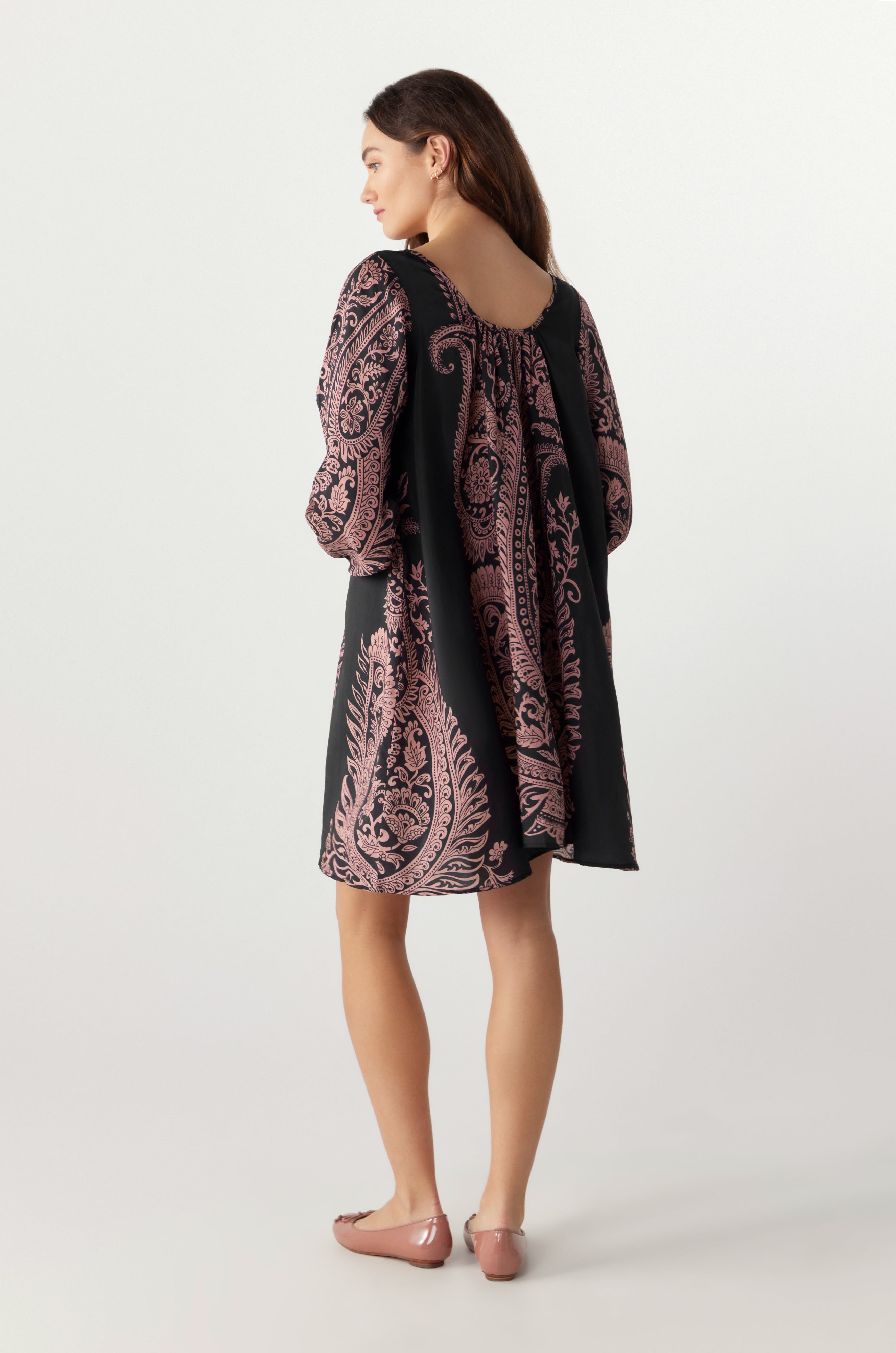 BY Anu Scoop neck Paisley Silk dress Charcoal with pink