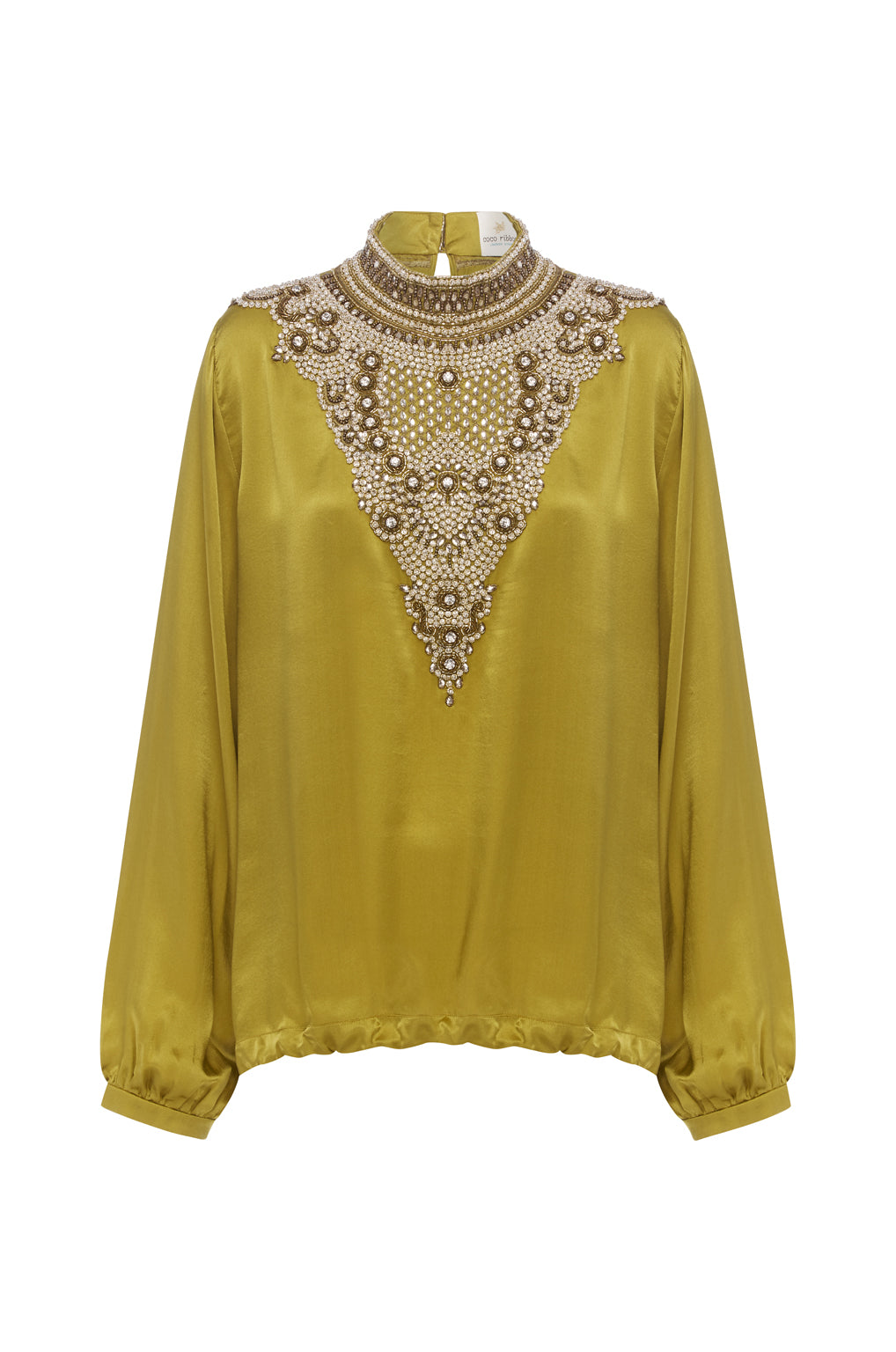 Embellished Round Neck Blouse in Silk Satin Gold