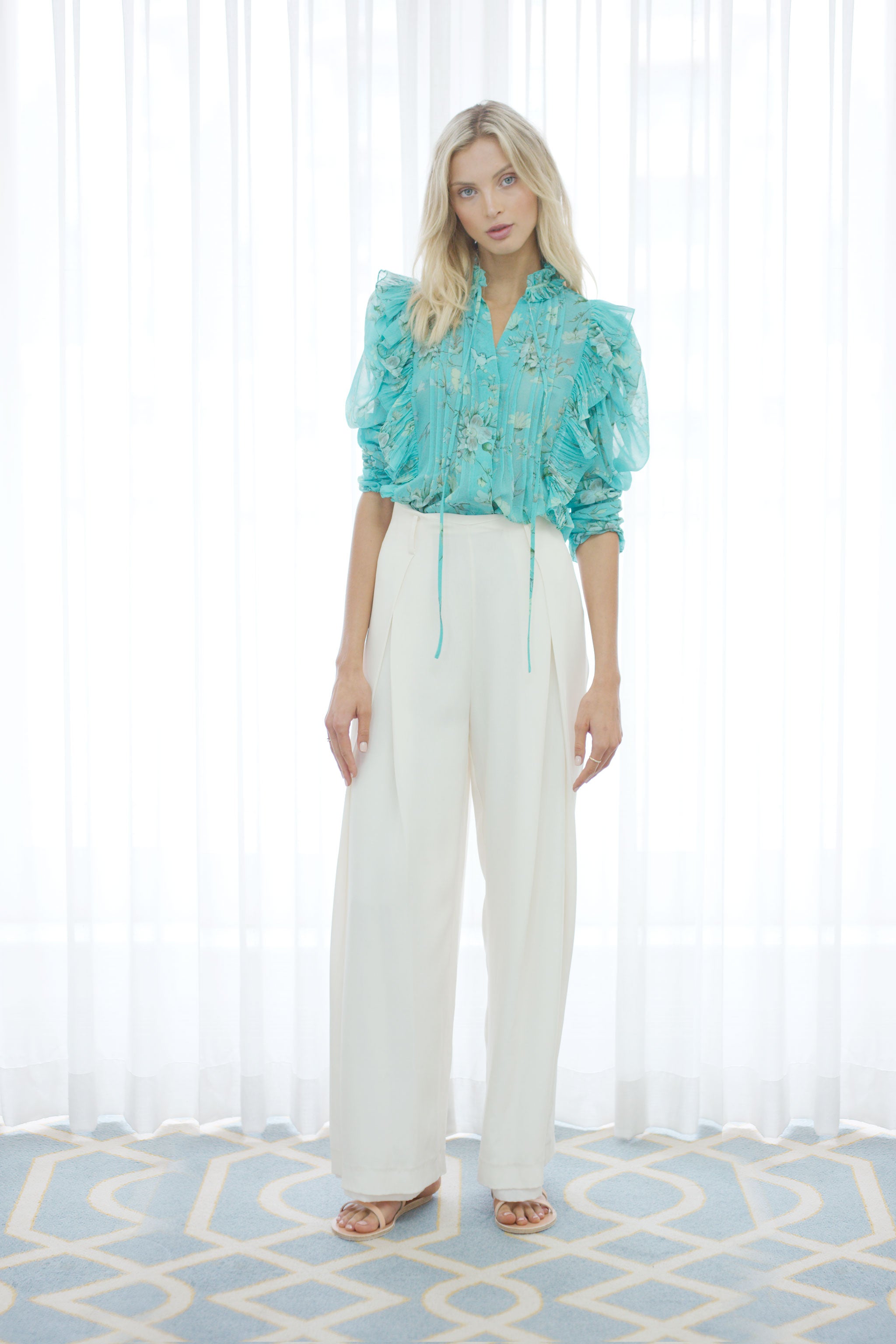 Songbird Ruffle Blouse in Biscay Green